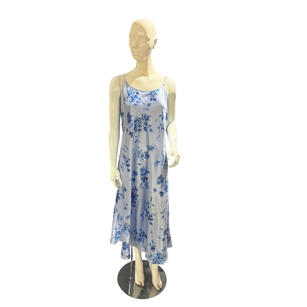 Oscar de la Renta Pink Label Blue Floral Satin Nightgown & Robe Set Large Y2K - Picture 2 of 16